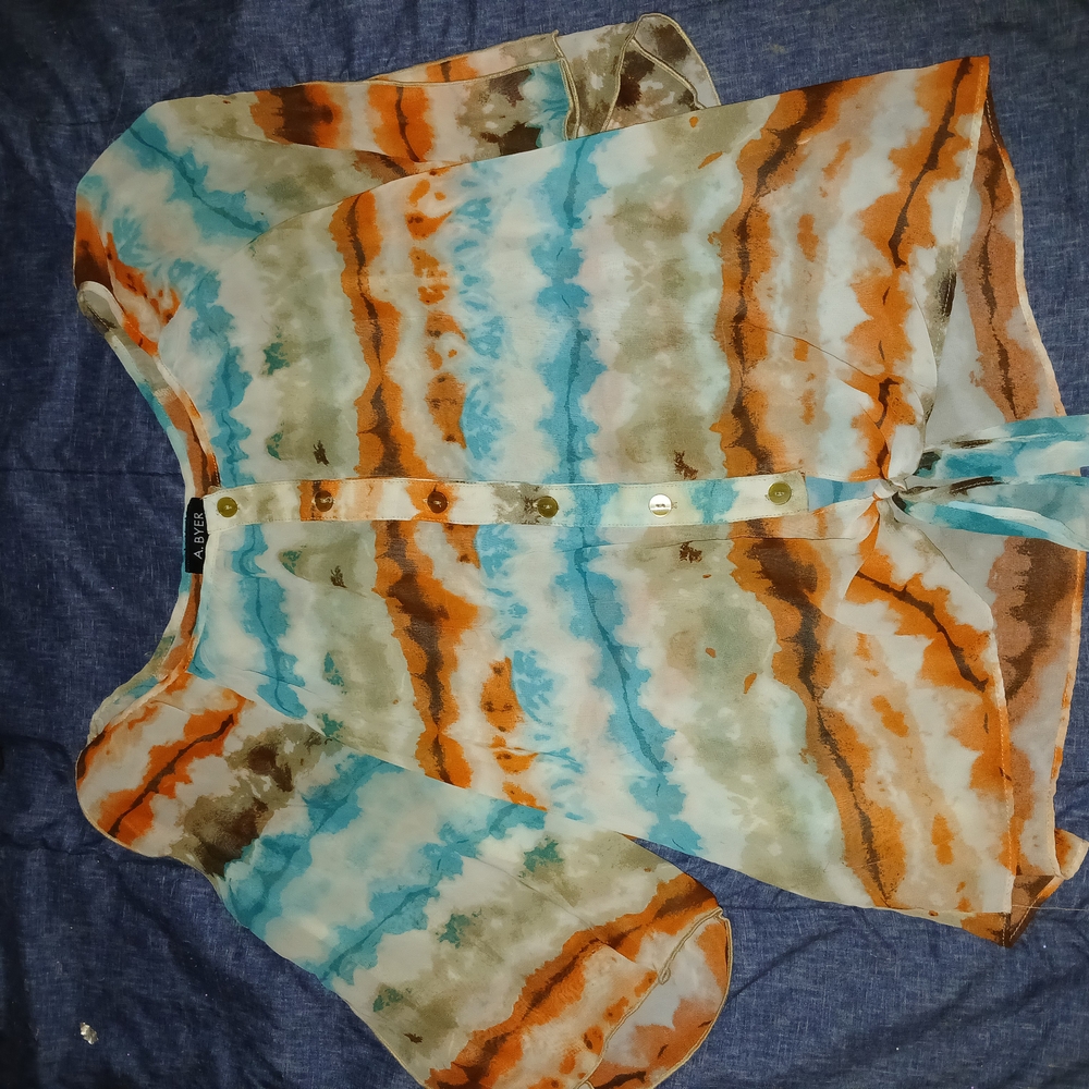 A. Byer Blue and Orange 3/4 Sleeve Blouse with Tie Front